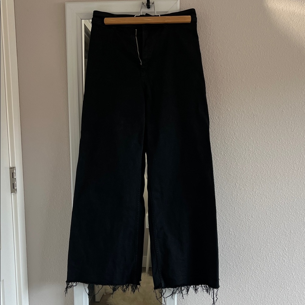 Zara Black Wide-Leg Frayed Hem Black Jeans